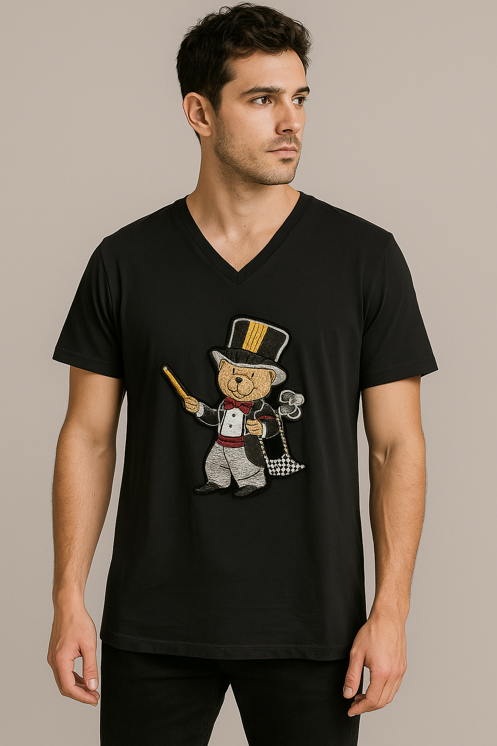 "Dapper Bear" V-Neck Embroidered Tee