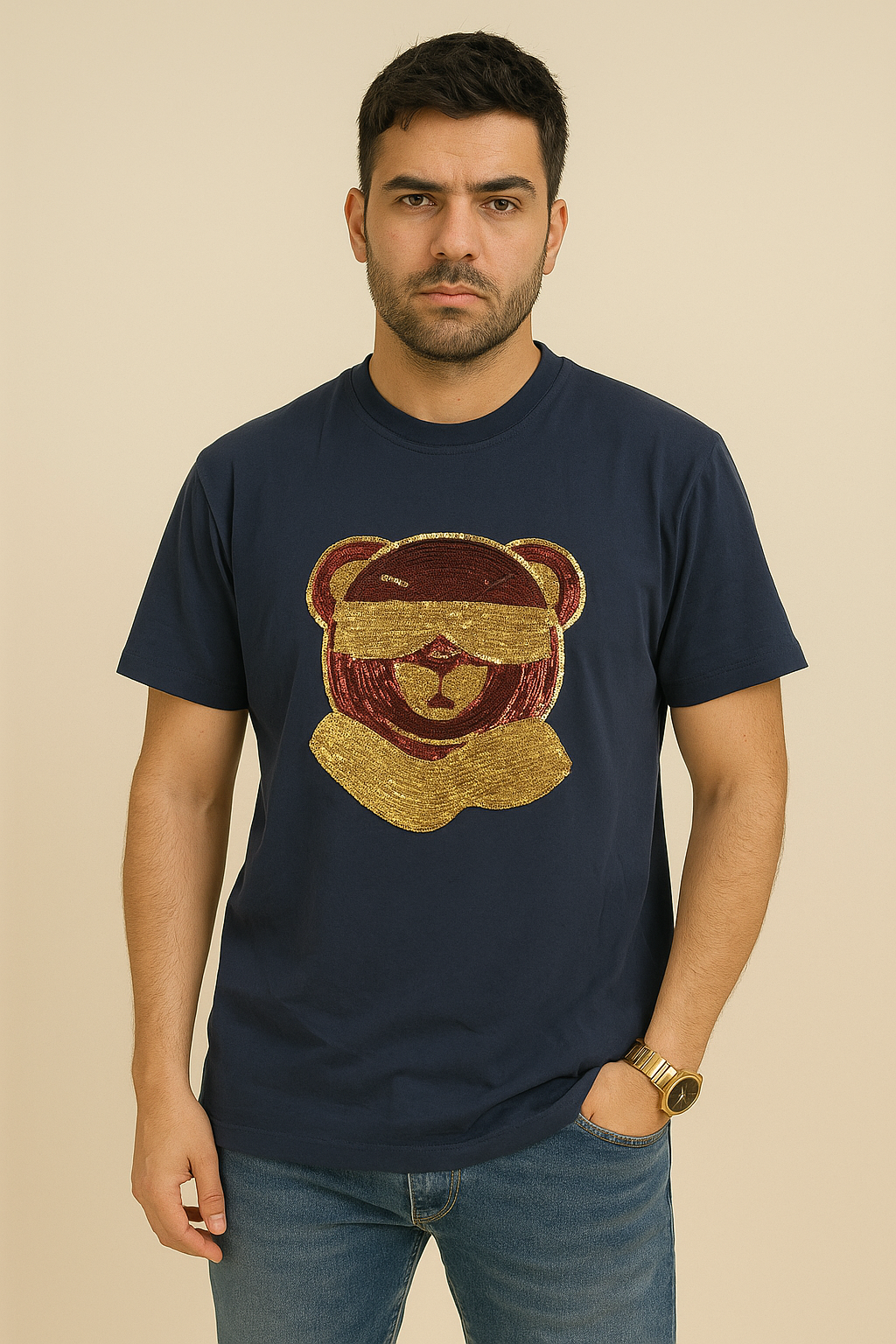 Navy Blue Sequin Bear T-Shirt for men and women