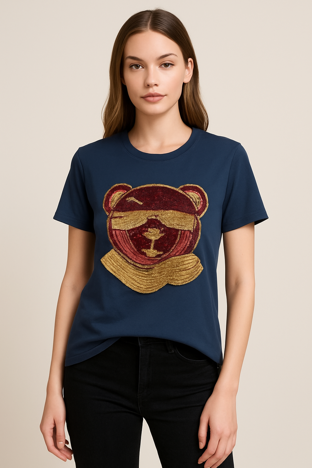 Navy Blue Sequin Bear T-Shirt for men and women