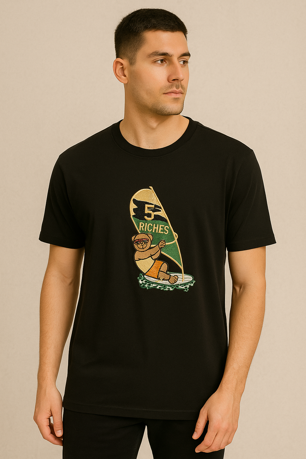 Riches Bear Surf Graphic Tee – Black Edition