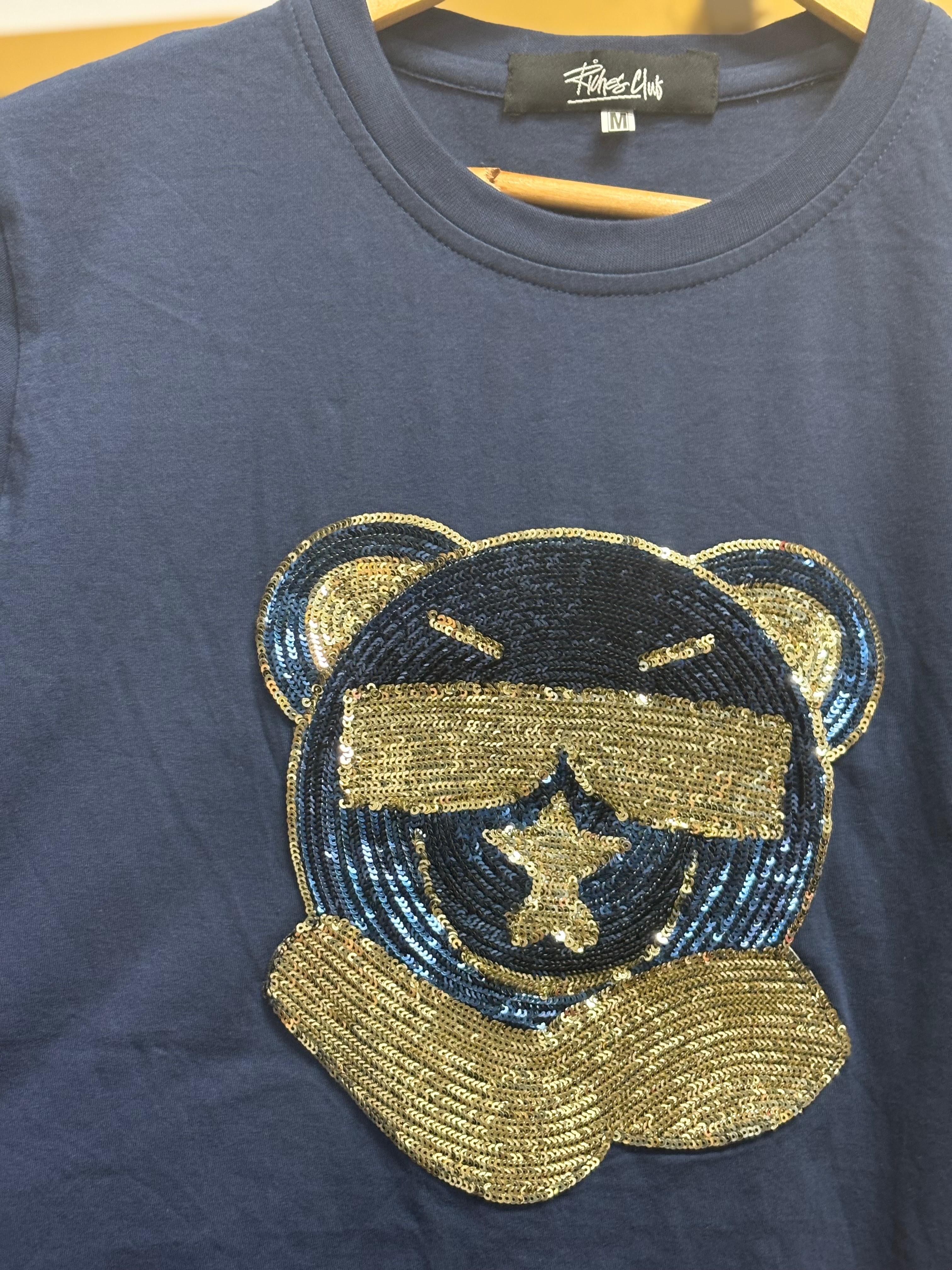 Navy Blue Sequin Bear T-Shirt for men and women