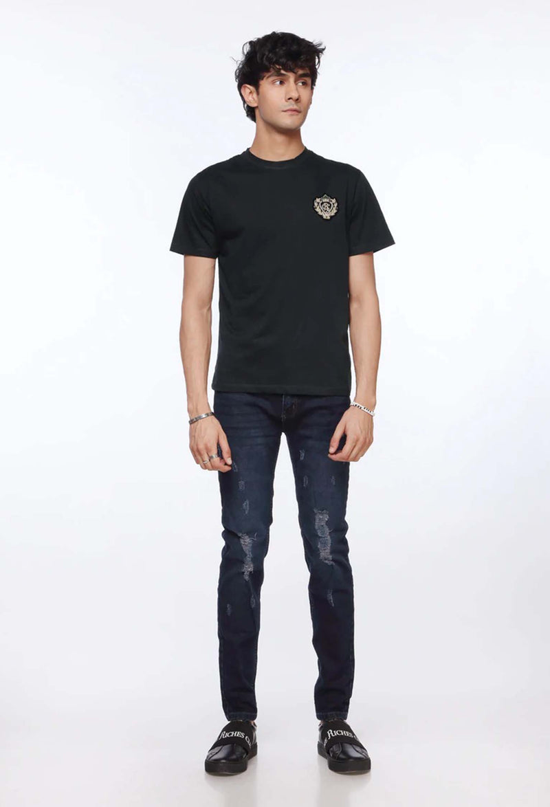 Black Slim Fit Shirt for Men | Patchwork | Revolve